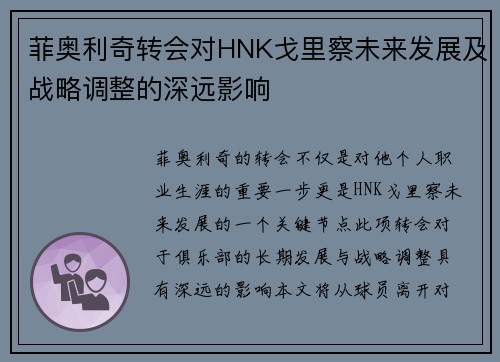 菲奥利奇转会对HNK戈里察未来发展及战略调整的深远影响