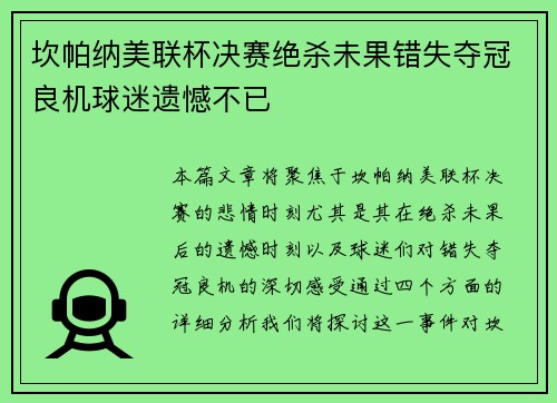 坎帕纳美联杯决赛绝杀未果错失夺冠良机球迷遗憾不已