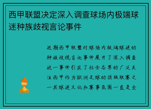 西甲联盟决定深入调查球场内极端球迷种族歧视言论事件